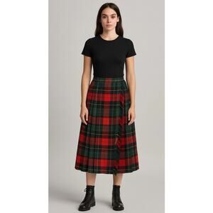 Vintage 70s Wool‎ Plaid Wrap Pleated Kilt Skirt Size M Tartan Fringe Union USA